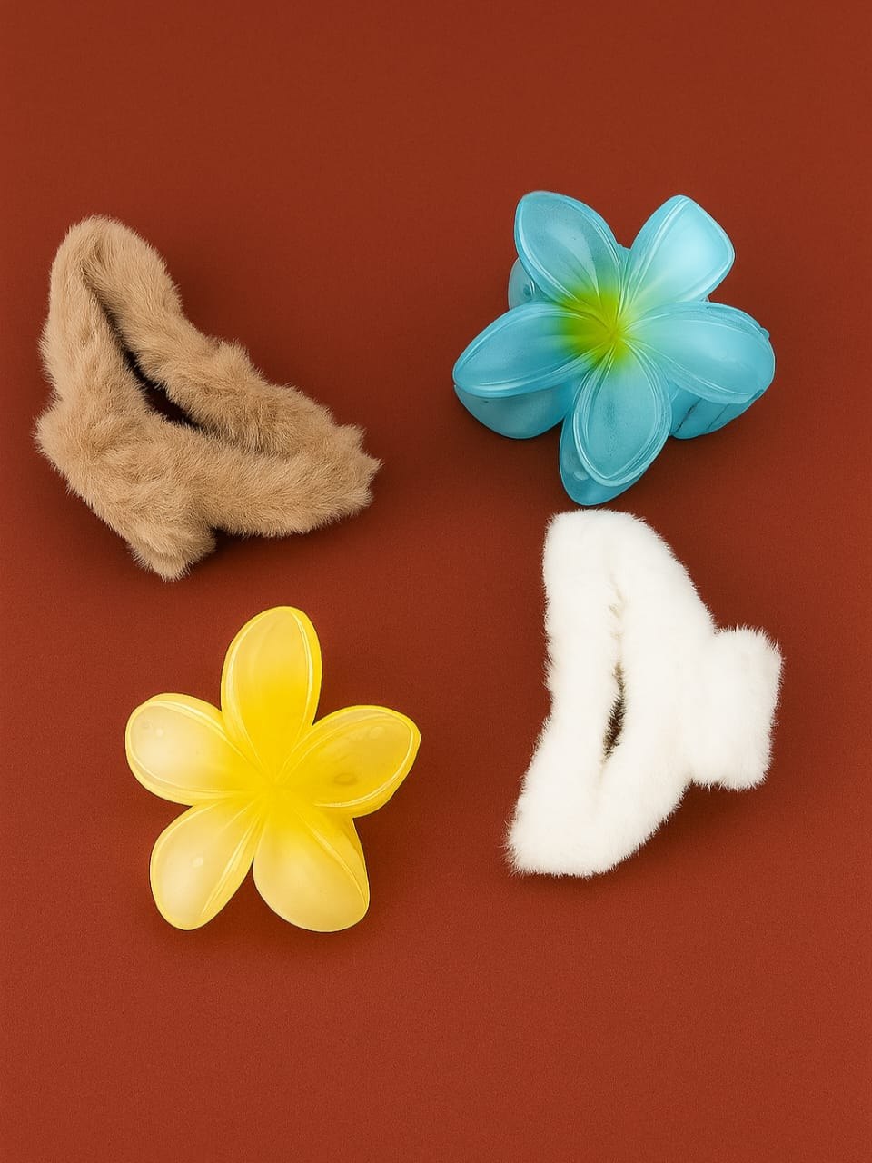 Trendy Floral & Fur Hair Claw Clips Set – Stylish Multicolor Hair Accessories for Women & Girls